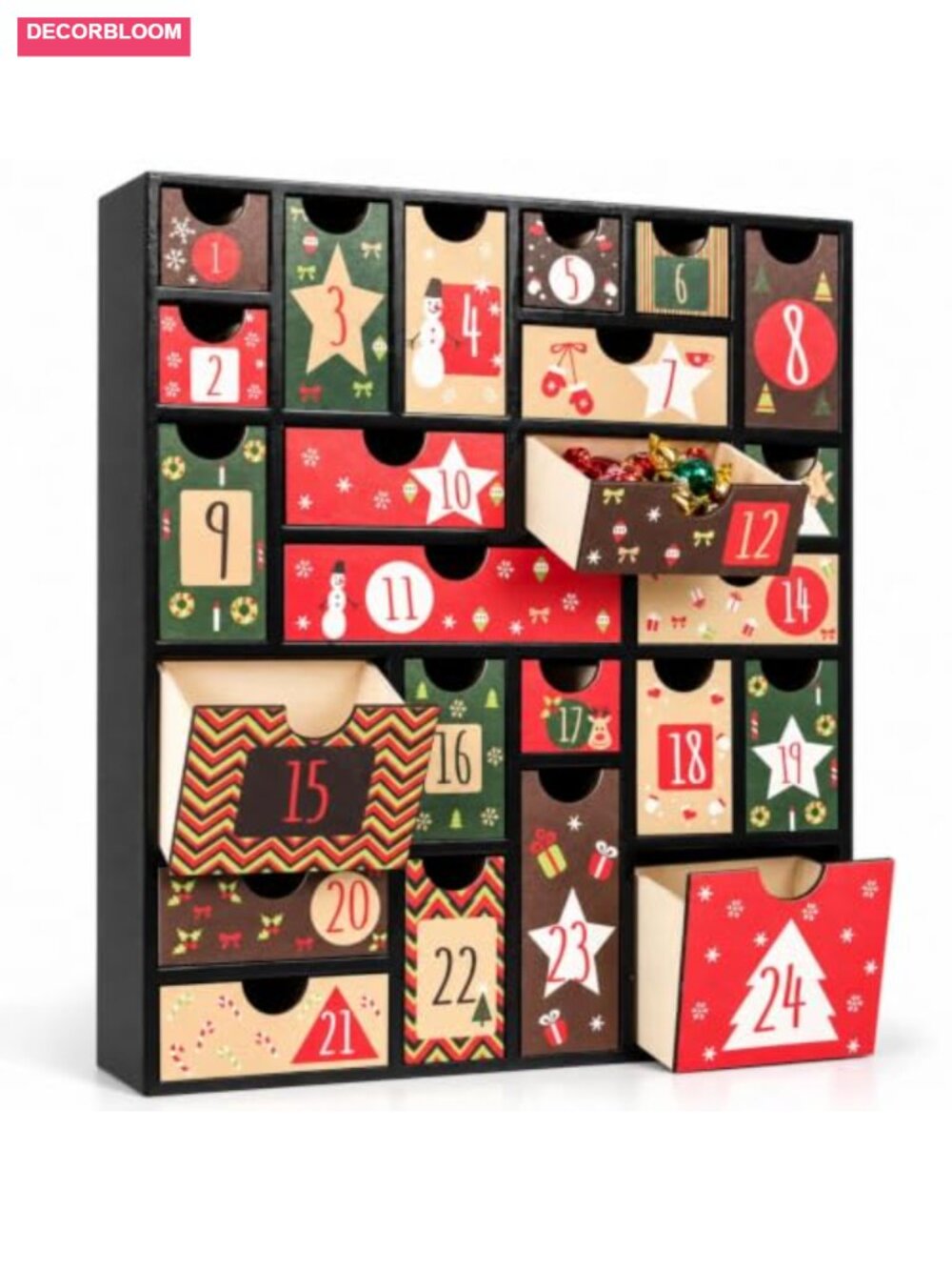 Wooden Reusable Fillable Advent Calendar 24 Drawers Christmas Countdown Decor